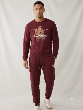 True Religion Men's Maroon Graphic Crewneck Sweater Joggers Set XL
